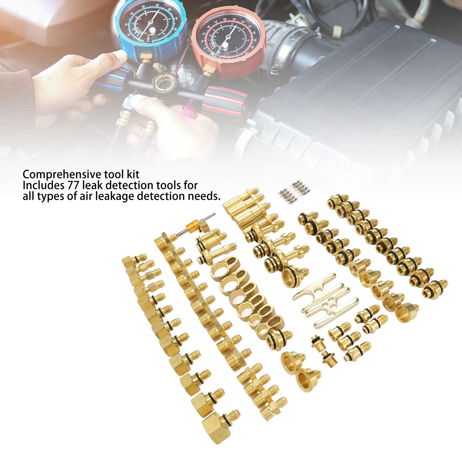 

77pcs Automotive Air Conditioning Leak Test Kit Brass Ac Leak Detection Tools Connector Repair Kit for Car Auto AC