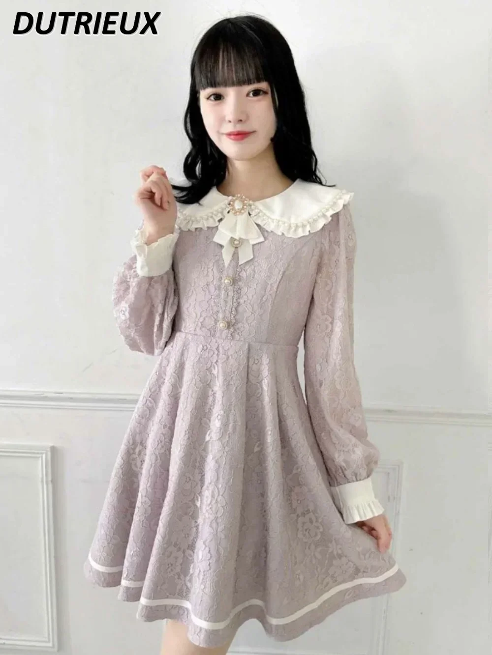 

Lolita Sweet Cute Girl Waist-Controlled Long Sleeves Dress Japanese Mine Lace Pearl Kawaii Doll Collar Dresses for Women