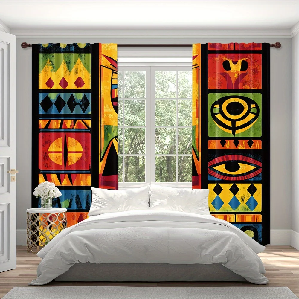 African Tribal Mask Curtain, Colorful Geometric Totem Print Drape, Ethnic Art Window Treatment for Living Room Bedroom Home