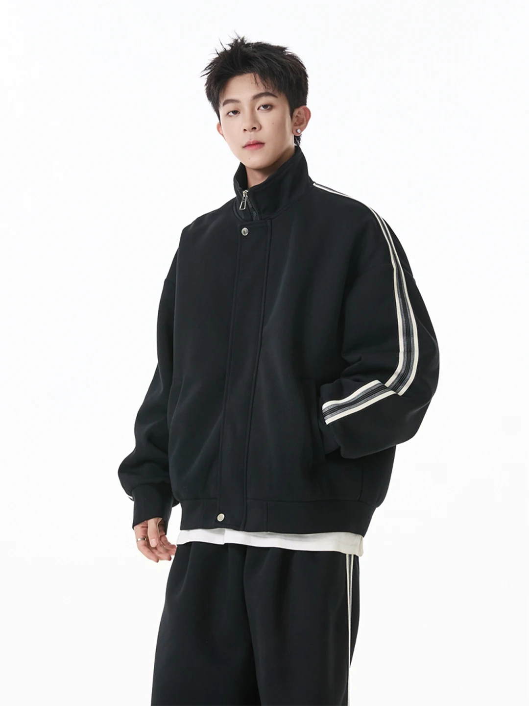 

Loose Fit Sportswear Set for Men Casual Leisure Outfit Two Pieces with Stand Collar Heavyweight Jaet And Long Pants