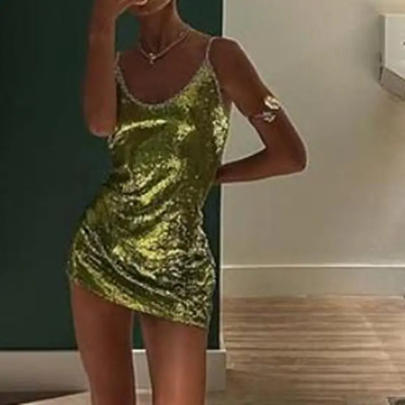 Vestido corto de verano para mujer, sin mangas, brillante, con lentejuelas, adorno a cuadros, Color contrastante, cuello redondo, espalda descubierta, recto, para fiesta