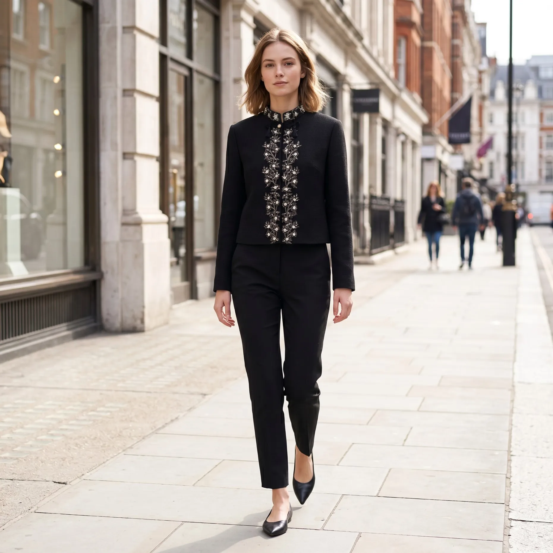 100% Wool Black Jacket Women Stand Collar Crystal Beaded Floral Cropped Blazer Elegant Long Sleeve Coat Party Outerwear BF2028