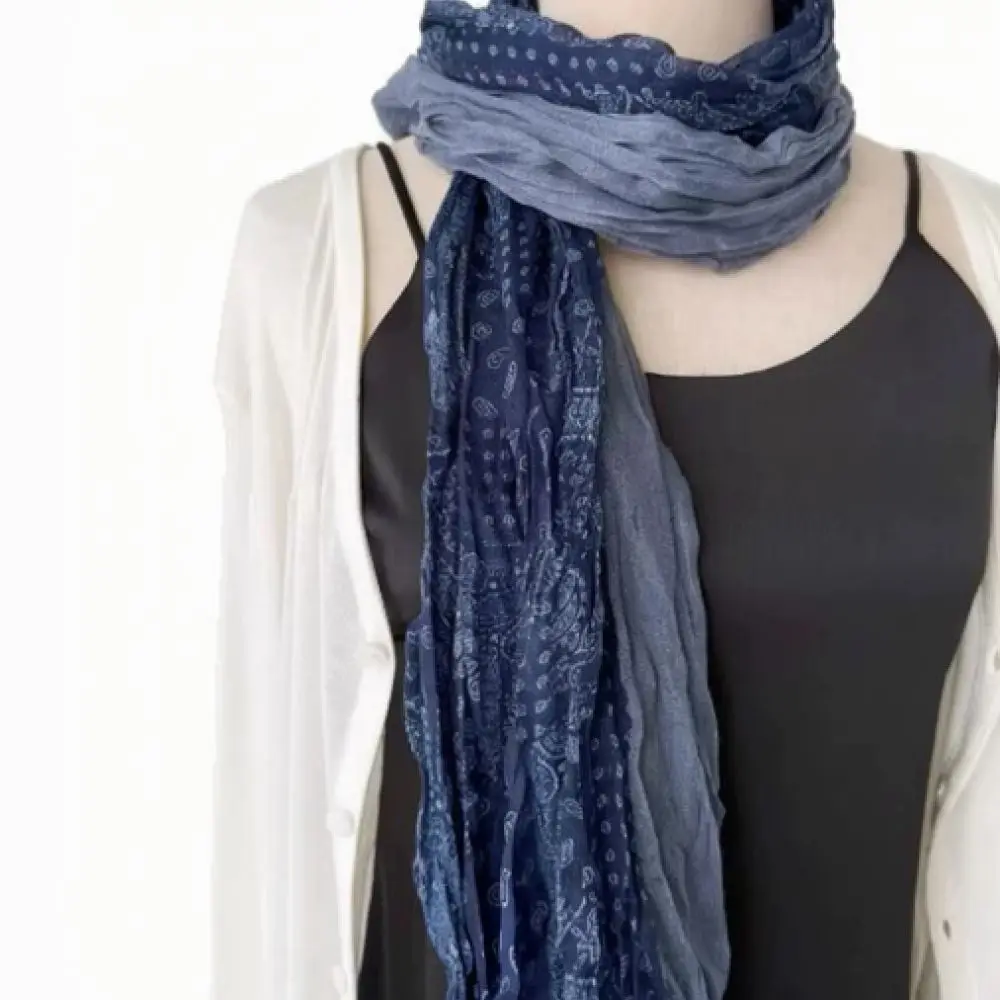 Pleated Linen Texture Scarf Women Ethnic Style Retro Gradient Wrap Breathable Soft Shawl Trendy Bohemian Neckerchief Shawl