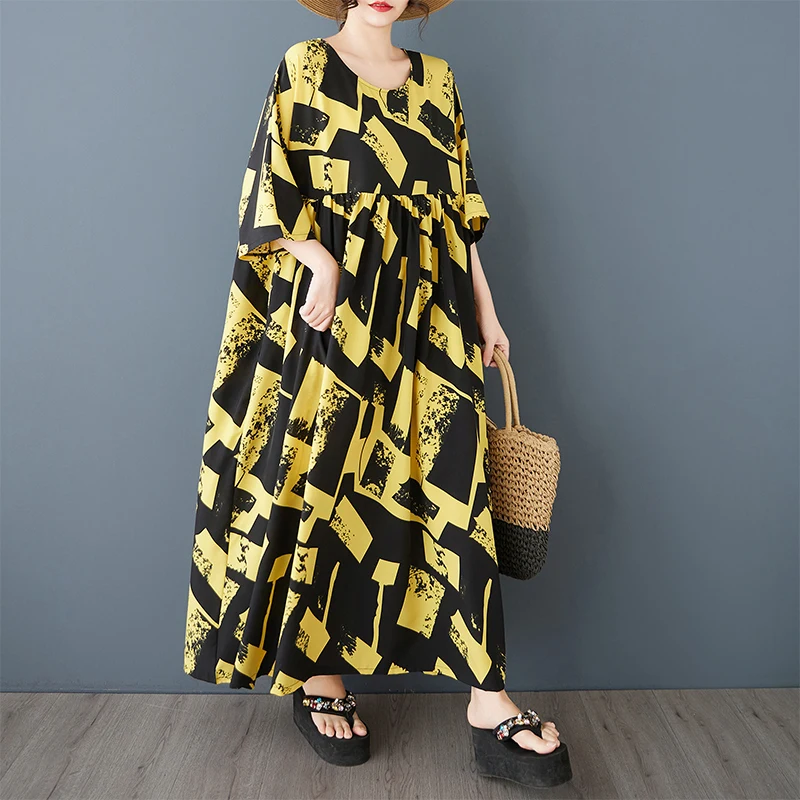 NYFS 2025 صيف جديد القطن الكتان بوهيميا فساتين امرأة Vestidos رداء Ete فام Elbise فضفاضة قصيرة الأكمام طباعة فستان طويل