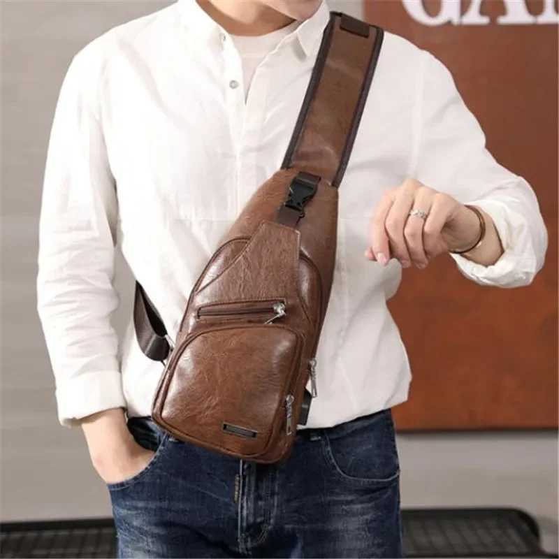 Men's Pu Leather Sling Bag Anti-theft Chest Bag with Earphone Hole Large Capacity Travel USB Shoulder Crossbody Bags