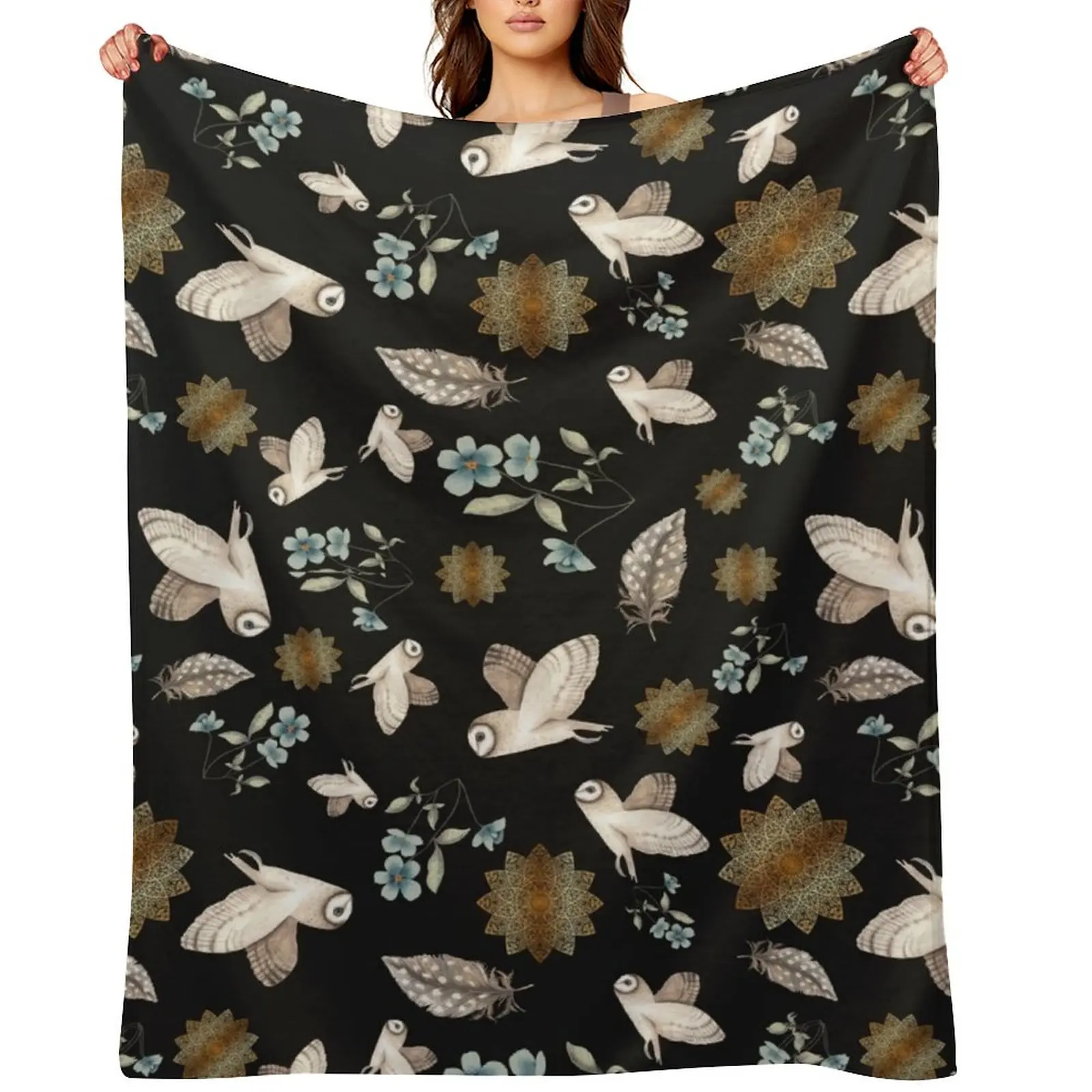 Barn Owl Pattern in black Throw Blanket Soft Big Thin Thermal Bed linens Blankets