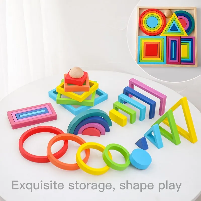 Montessori Wooden Block Toys Baby Building Rainbow Stacking Block Toy for Kids Arch Educational Game Balance Stacking Block Gift