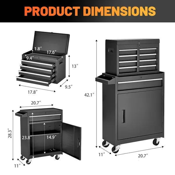 

Tool Chest, 5-Drawer Rolling Tool Storage Cabinet with Detachable Top Tool Box, Liner, Universal