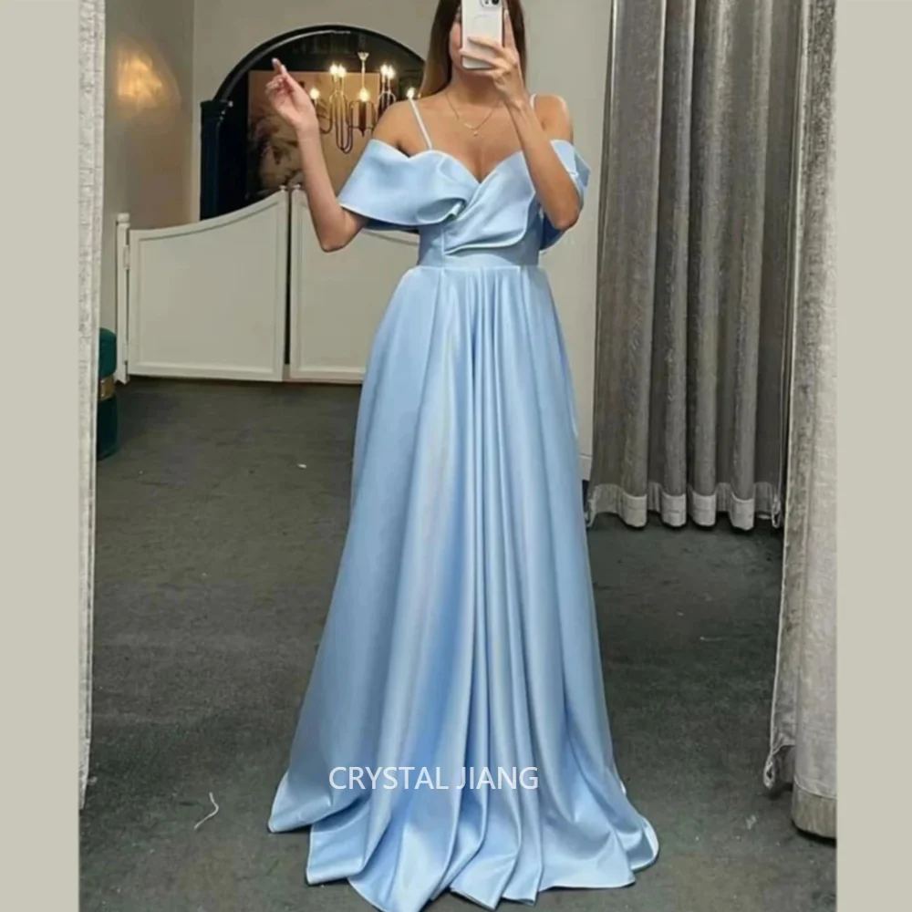 

Classy Long Light Blue Off the Shoulder Satin Evening Dresses Short Sleeves A Line Sweep Train Robes De Soirée