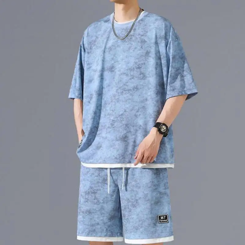 plus Size Men's 2-Piece Set Oversize Tie-Dye Short Sleeve T-Shirt And Elastic Waist Shorts Summer Casual Outfit M-XXXXXL 5XL 4XL