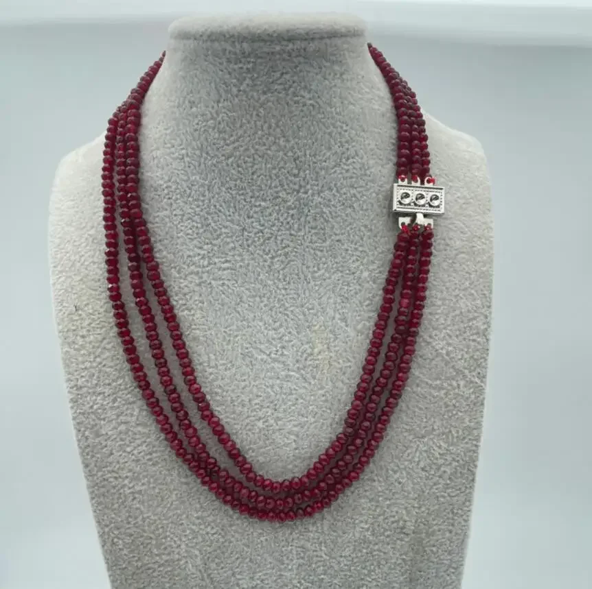 New NATURAL 3 Rows 2X4mm FACETED DARK RED Blue Sapphire BEADS NECKLACE