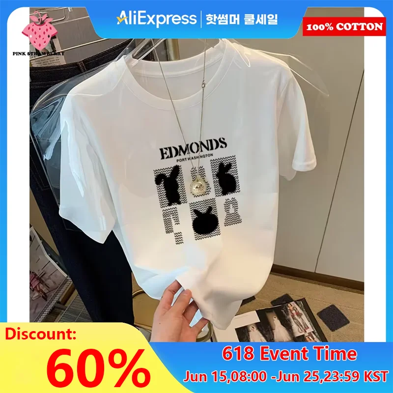 

100% Cotton high quality Print T-shirt Women Summer 2025 New Korean Popular Short sleeve T-shirt Casual Y2k Top Female clothing