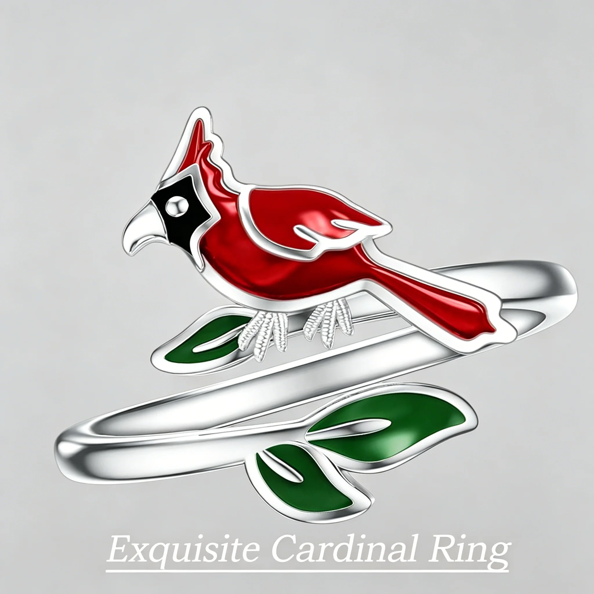 Silvery Zinc Alloy Cardinal Ring Green Leaves Enamel Bird Lover Memorial Gift for Women Girls