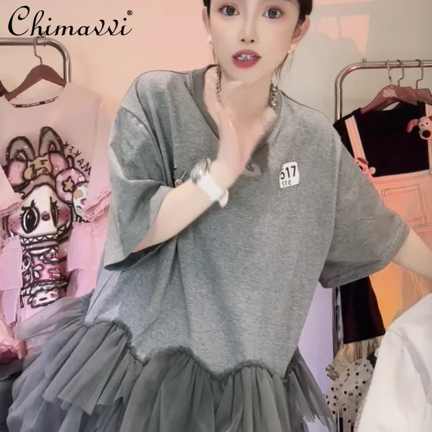 2025年新作 夏 メッシュステッチ 半袖 シンプル Tシャツワンピース 学生 レディース カジュアル ホワイト＆グレー ショート丈Tシャツワンピース