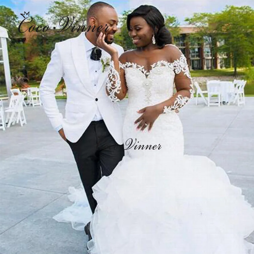 ที่กําหนดเองแขนยาวฉัตร Ruffle รถไฟชุดเดรสเมอร์เมด 2025 ลูกไม้ Appliques ประดับด้วยลูกปัดภาพลวงตาชุดแต่งงาน W0801