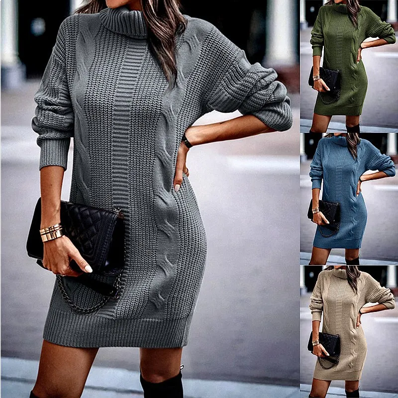 Knitted Dress High Neck Bodycon Sweater Dresses Women Winter Warm Knitwear