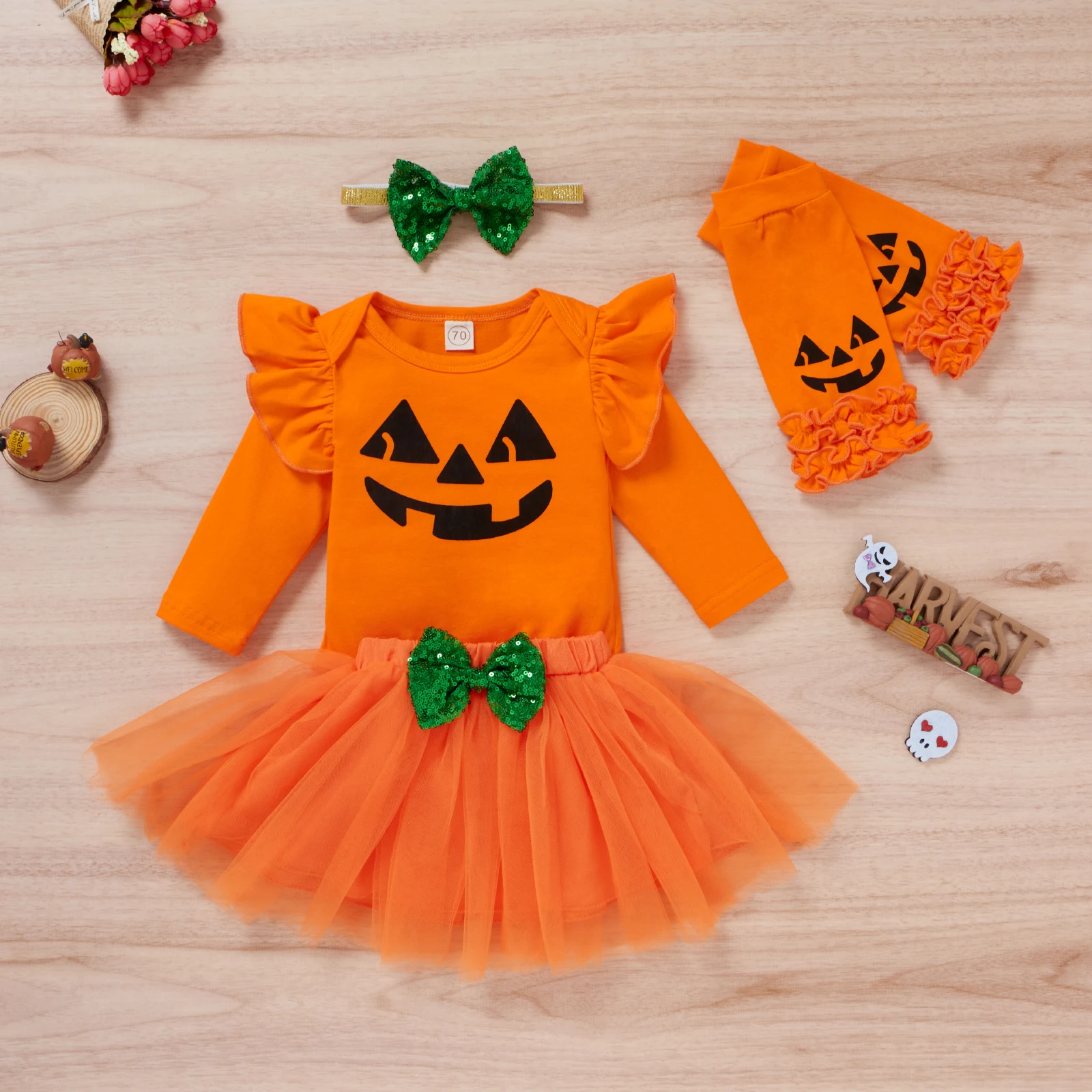 3PCS Autumn Girl Baby Aged 0-2 Years Old Orange Round Neck Smiley Face Print Long-Sleeved Top + Mesh Skirt Set