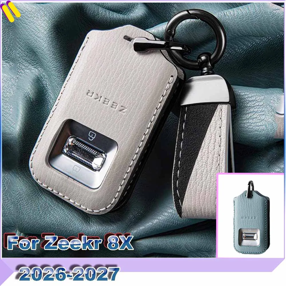 Luxury Lychee Texture Real Leather Key Cover For Zeekr 8X 2026-2027 Key Case  Anti-Scratch Key Holder With Strap