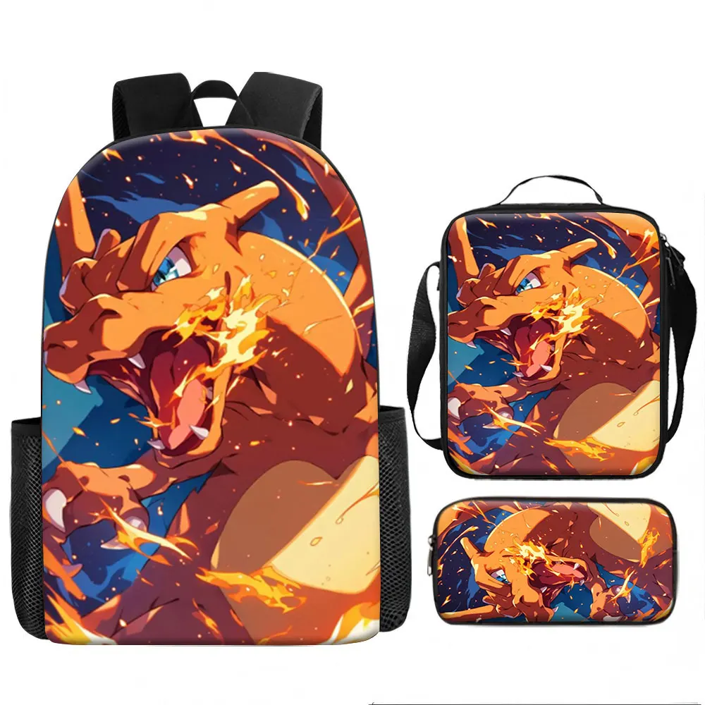 Sac pour enfants, Anime Pokémon, ensemble de 3 sacs à dos, Charizard hurlant, explosion de flammes, close-up dynamique, imprimé type feu, imperméable