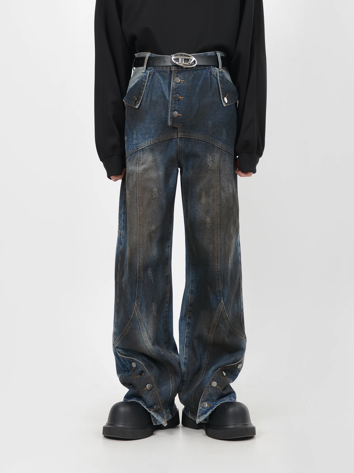 Dark Avant-Garde Style Pants Do Old Washed Jeans Deconstructed Cut Piece Variable Horn Wide Leg Pants