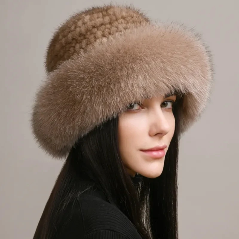 Chapéu de pele de vison genuíno para mulheres gorro de malha natural de luxo chapéu de malha artesanal pele de raposa real moda inverno quente, novo