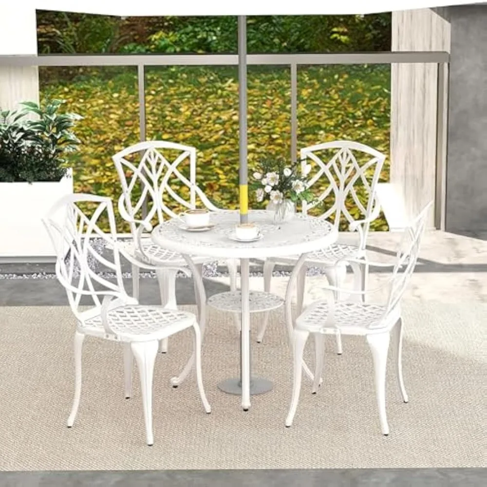 Round Cast Aluminum Outdoor Dining Set with 5 Pieces, Including Table and 4 Armchairs, Designed for All-Weather Use