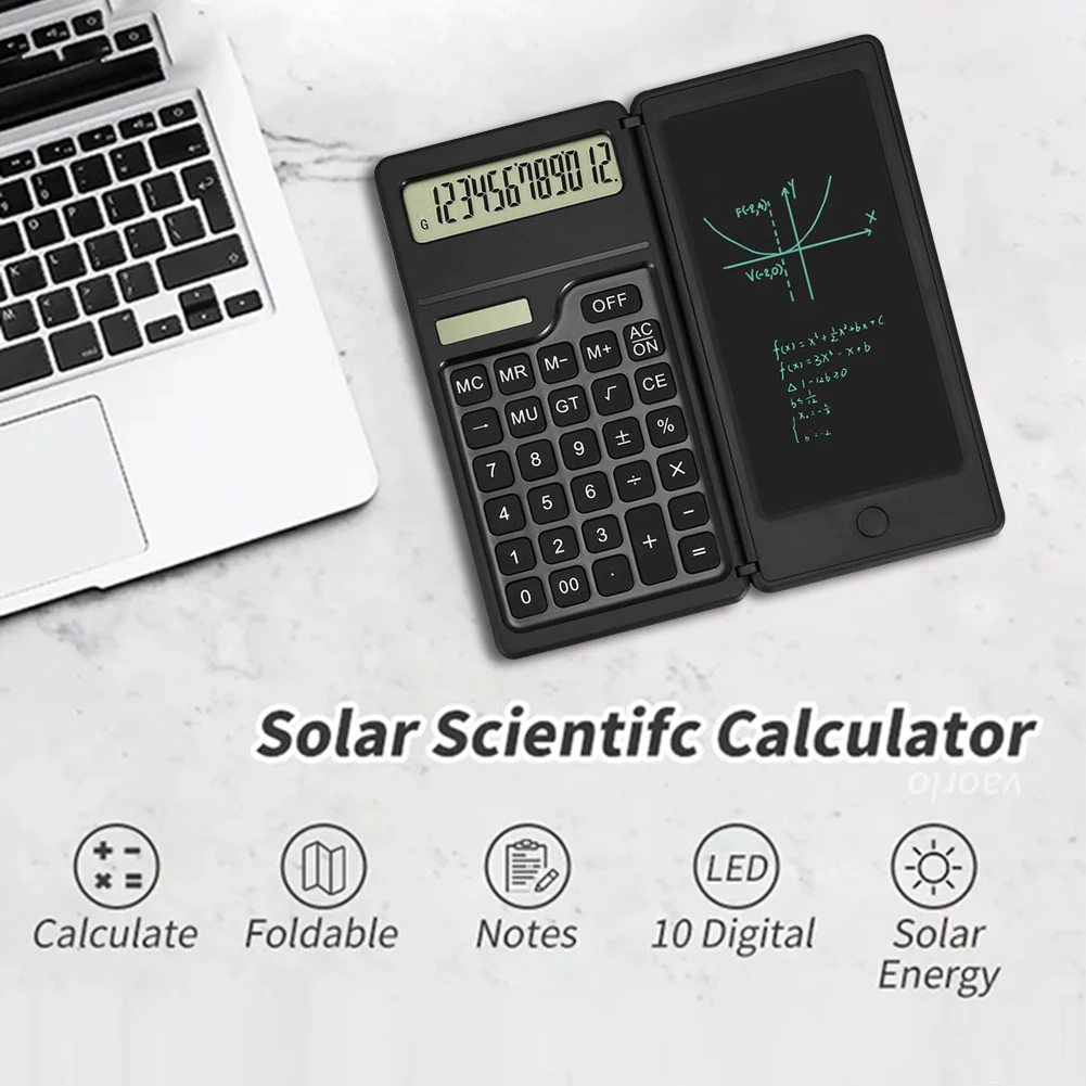 Foldable Calculator with 6 Inch LCD Writing Tablet Mute Desktop Calculator Solar/Battery Dual Powered for School Office Business