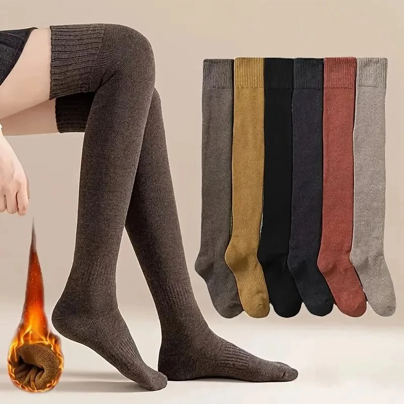 1 Pair Women's Autumn Winter Solid Color Knee High Socks Fashionable Warm Comfortable Thick Looped Outdoor Home Casual Stockings