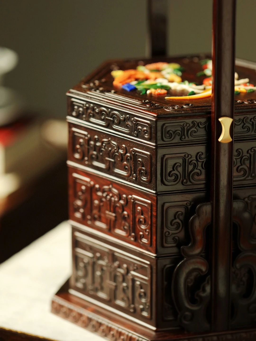 Siam Rosewood Baibao inlaid beam box, mahogany Dim sum storage, Chinese classic food, high-end club gift