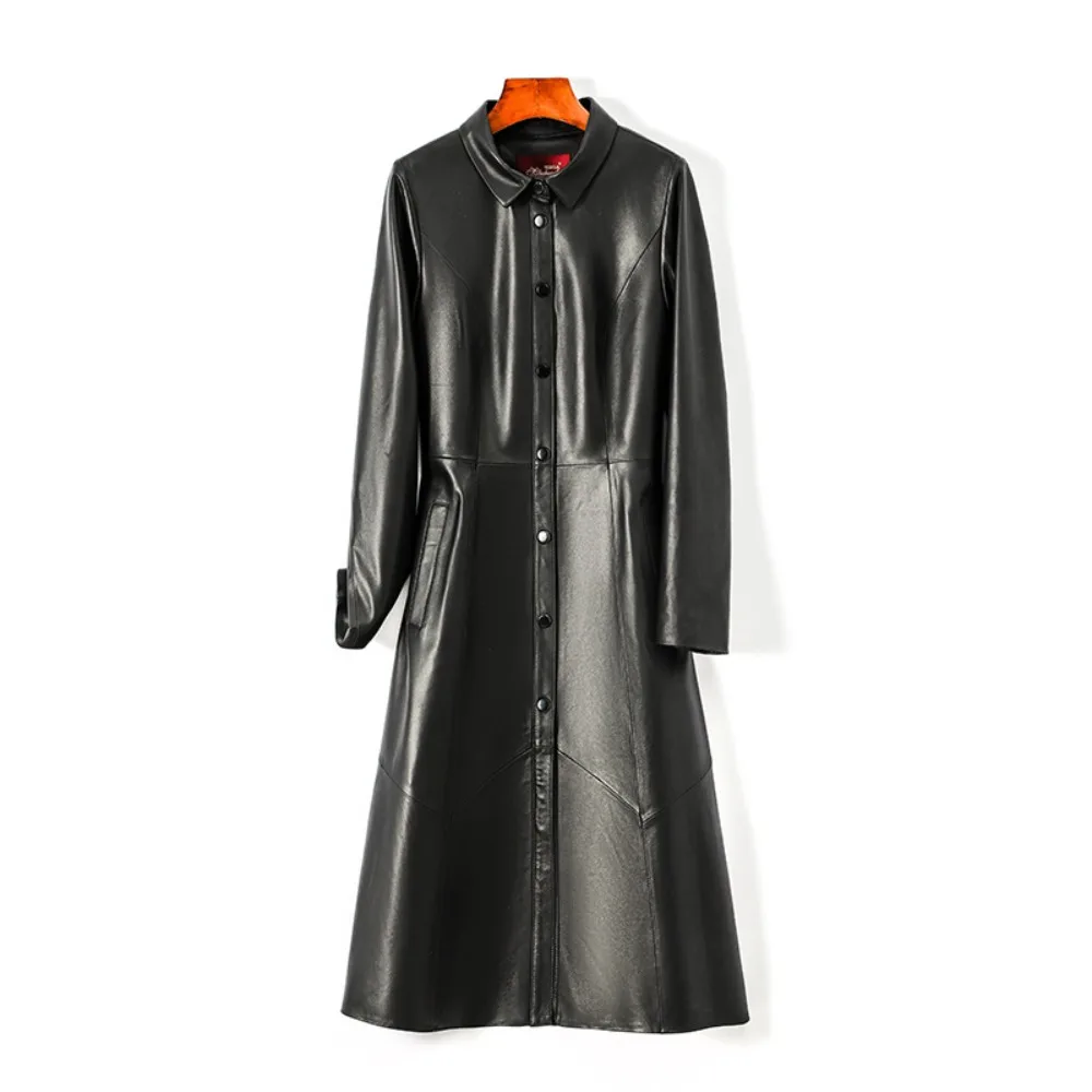 Women Genuine Leather Long Coat Korean Style Slim Fashion Over Knee Trench Coat