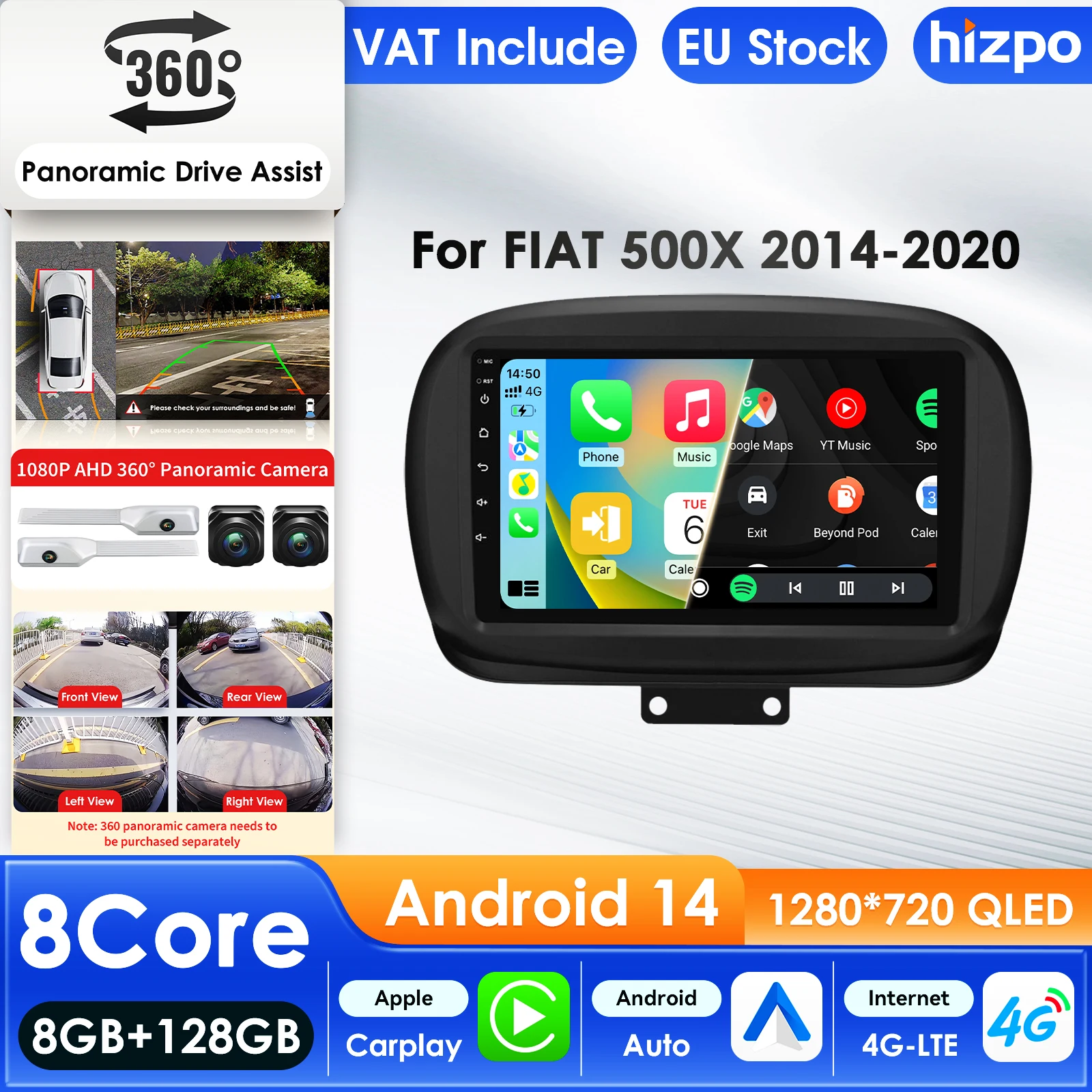 Hizpo 2 Din Android 14 Auto-Multimedia-Player für FIAT 500X 2014-2020 GPS Carplay 4G KI-Intelligenter Bildschirm Autoradio 360-Grad-Kamera 9 Zoll Auto-Intelligent-Bildschirm QLED-Display Automotive