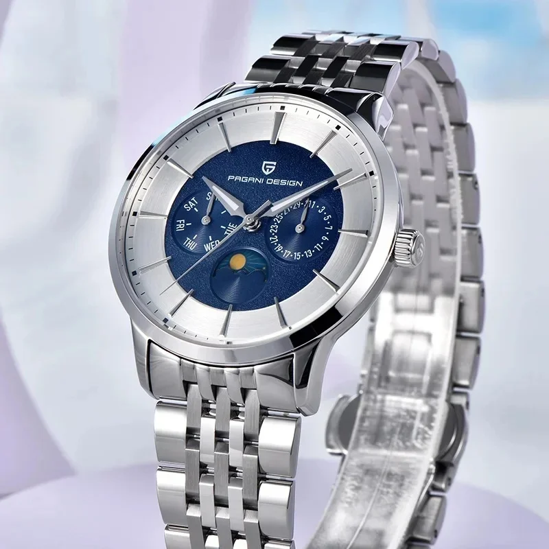 Pagani Design 40mm Men's Quartz Watch - Japan Movement Moon Phase 100M Waterproof with Sapphire Glass Multifunctional Business W