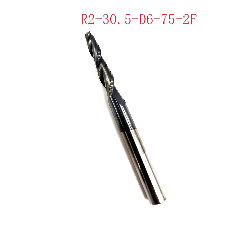 Fresas cónicas recubiertas de carburo sólido de tungsteno, fresas CNC, R2 * D6 * 30,5 * 75L * 2F HRC55, 1 unidad