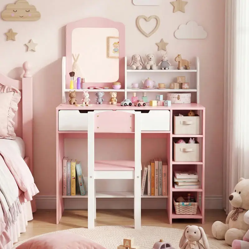 

Kids Vanity Set with Chair and Mirror Makeup Dressing Desk with Storage Shelves and Drawers-White & Pink