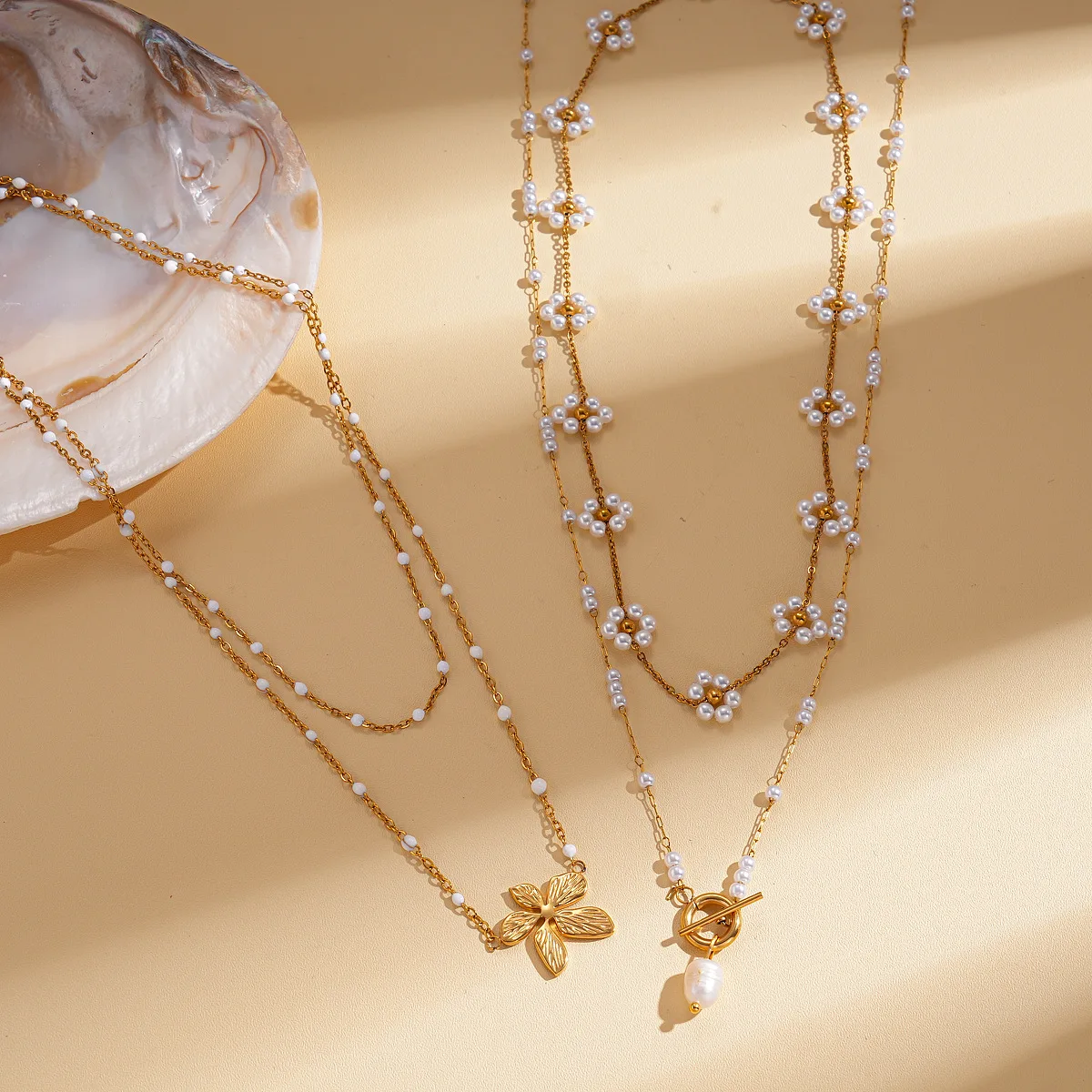 Stainless steel round flower multi-layer pearl long necklace light luxury sweater chain temperament item decoration