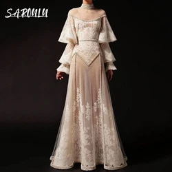 Romantic French Champagne Prom Dress A Line Long Puff Sleeve Illusion Lace Evening Gown Customized Long Lace-up Party Dress