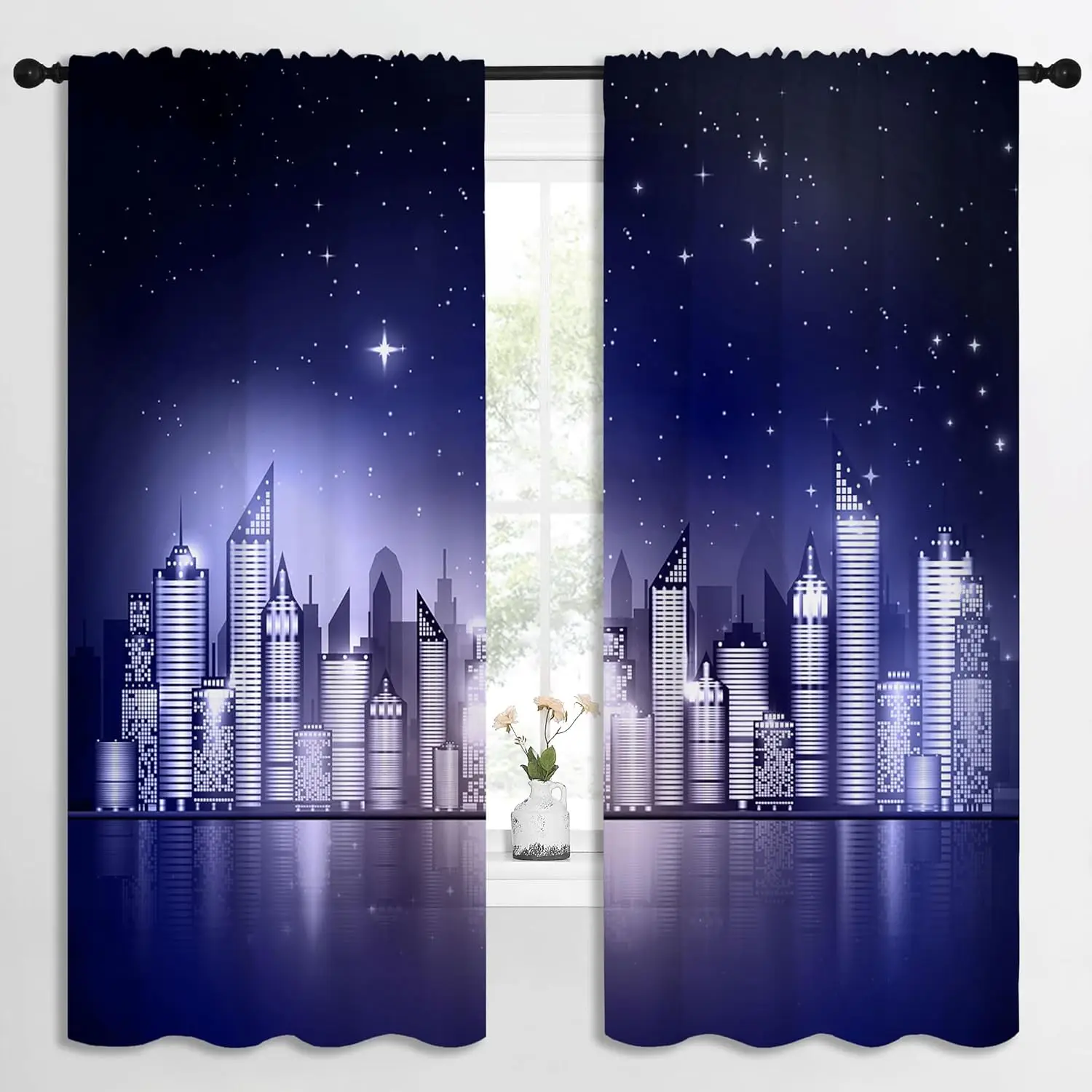 City Rod Pocket Blackout Curtains for Boy Girl Bedroom, New York Skyline Modern City Starry Sky Night View Home Energy