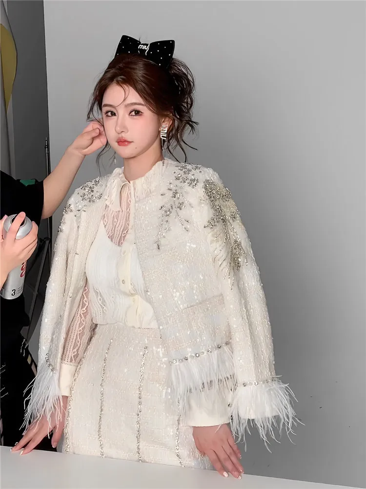French Style Women Elegant Shiny Diamonds Tweed Jacket Short Mini Skirt Two Piece Set Slim Fit Feathers Ladies Party Suit Sets