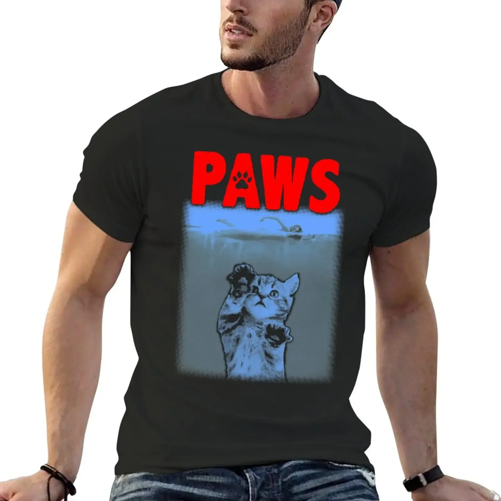 PAWS Kitten JAWS Parody T-Shirt sweat customizeds Blouse sports fans heavy weight t shirts for men