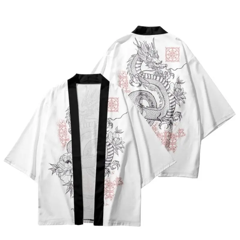 

Dragon Printed White Japanese Kimono Beach Shorts Summer Streetwear Traditional Women Men Yukata Harajuku Haori Cardigan