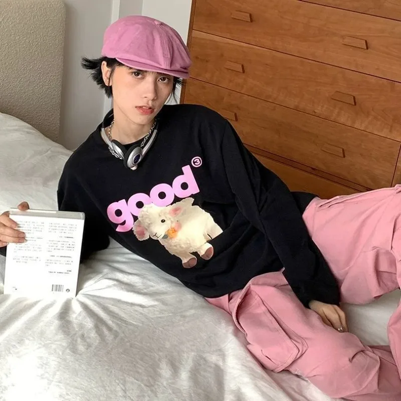 100% Pure Cotton Oversize Long Sleeve Pullover Cute Sheep Pattern Y2K Top Spring Summer Young Women Punk Hip Hop Kawaii Clothes