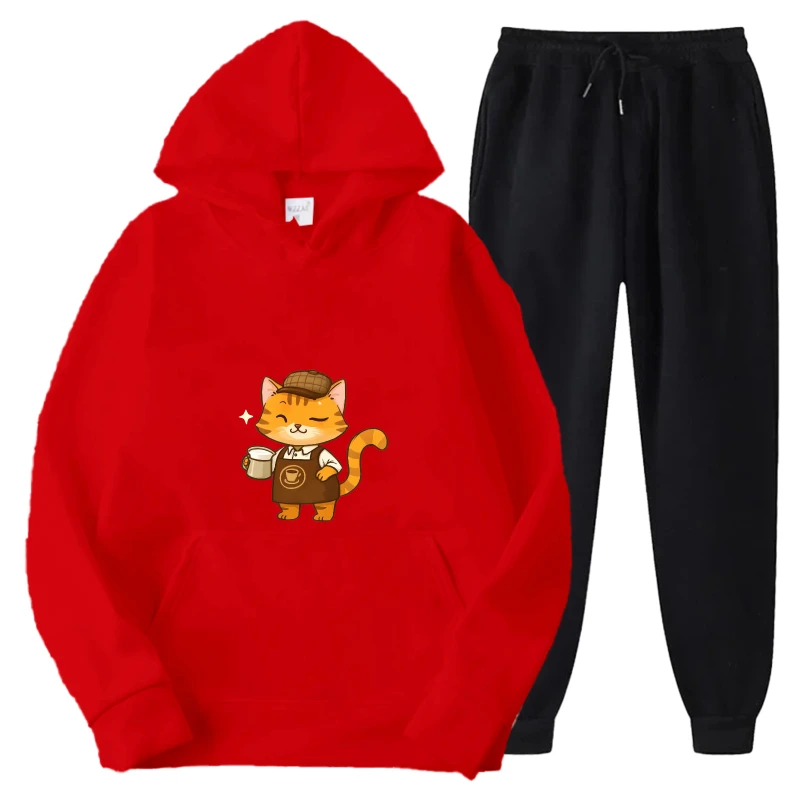 후드티 세트 레드 탑리스 프린트 로고 스웨트셔츠 & 블랙 조거 팬츠 캐주얼 웨어 및 스트리트 스타일용