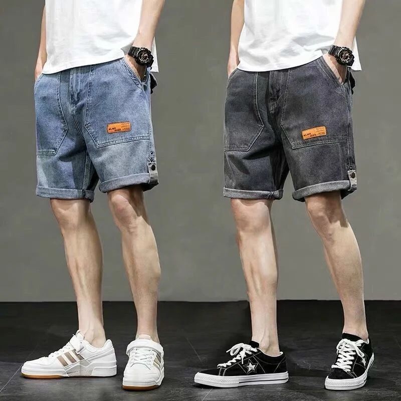 Men\'s Summer Slim Loose Fitting Fashion Label Denim Jogger Pants Five Point Fashion Blue Baggy Shorts Jeans