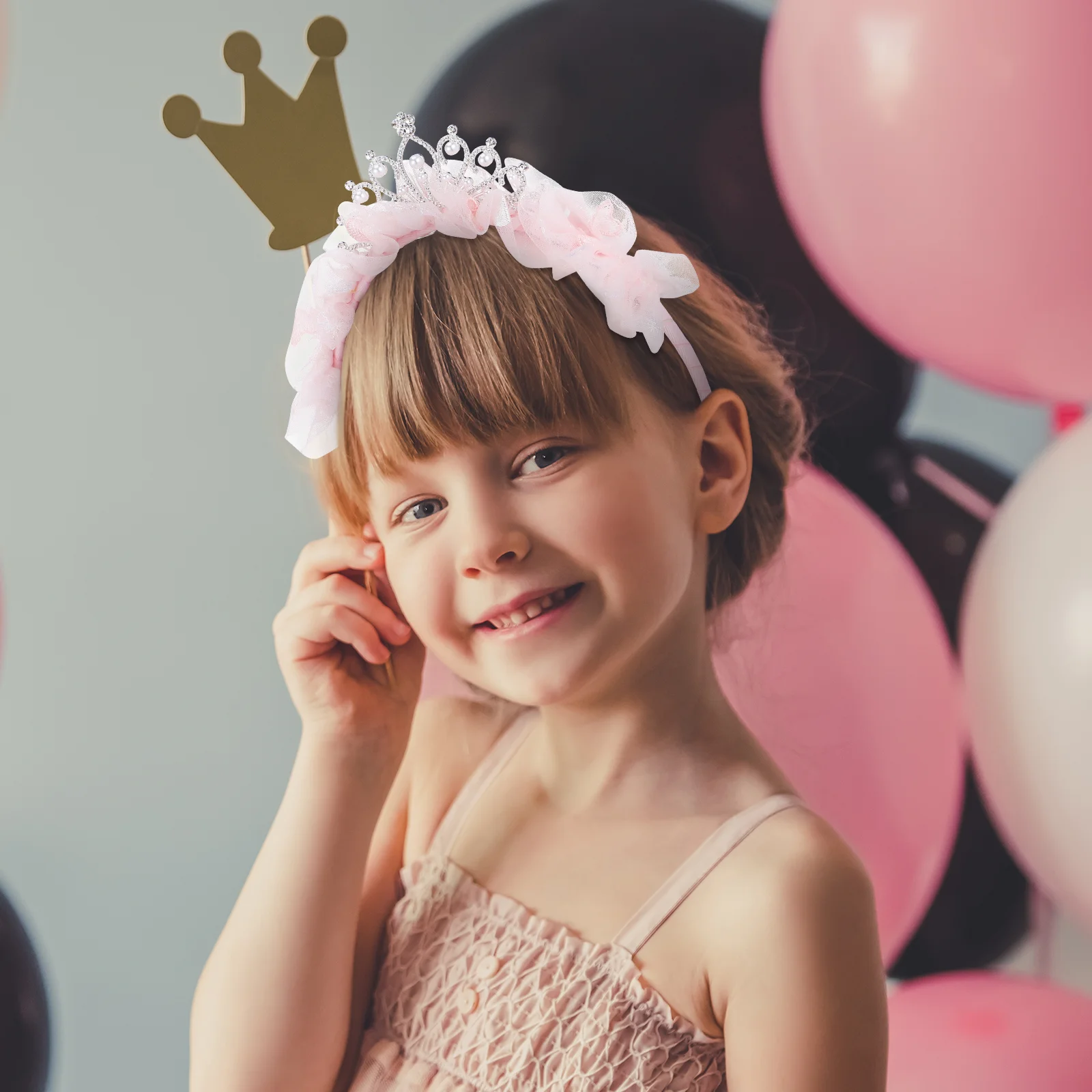 

Birthday Crown Headband Princess Tiara Mesh Fabric Rhinestone Beads Birthday Party Crowns Girls Headpiece Party Accessories