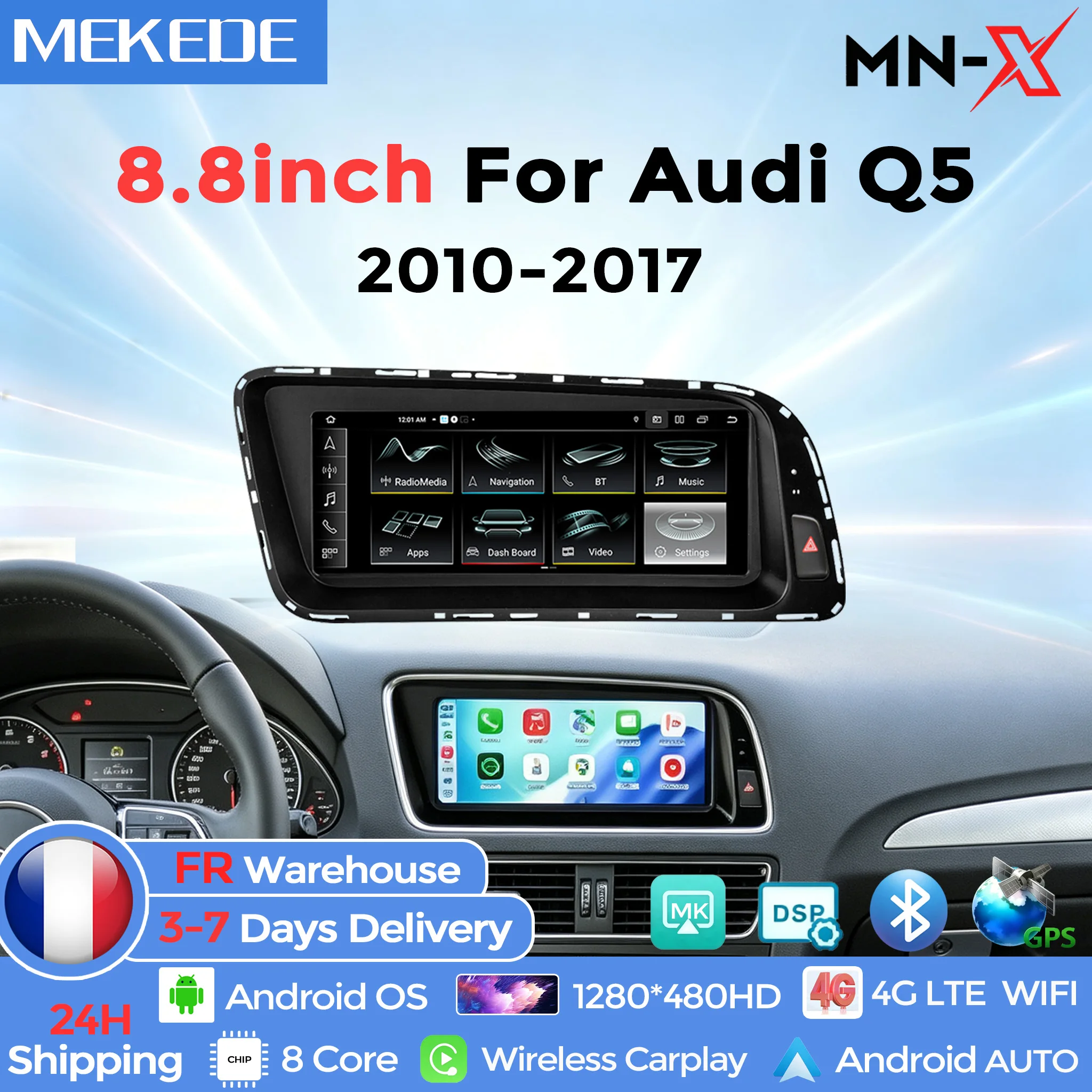 MEKEDE Autoradio Android 15 da 8.8' con CarPlay Wireless per Audi Q5 2010-2017, Android Auto 8 Core, Navigatore GPS, Stereo DSP, 4G WIFI, Lettore Multimediale, Supporto Telecamera Posteriore, Sistema