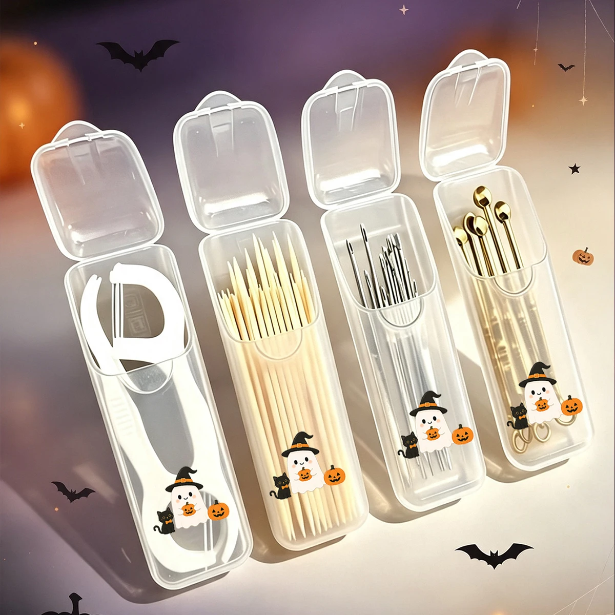4/2/1 Piece Halloween-Themed Portable Toothpick and Floss Storage Box - Leak-Proof Sealed Travel Medicine Box with Transparent Lid, Halloween Main Design - Suitable for Storing Compact Medical Care Supplies, Suitable for Toothpicks and Dental Floss, Made of Durable Plastic Material, Suitable for Travel, Outdoor, Home, and Office Environments - Space-Saving Design, Halloween Small Gift