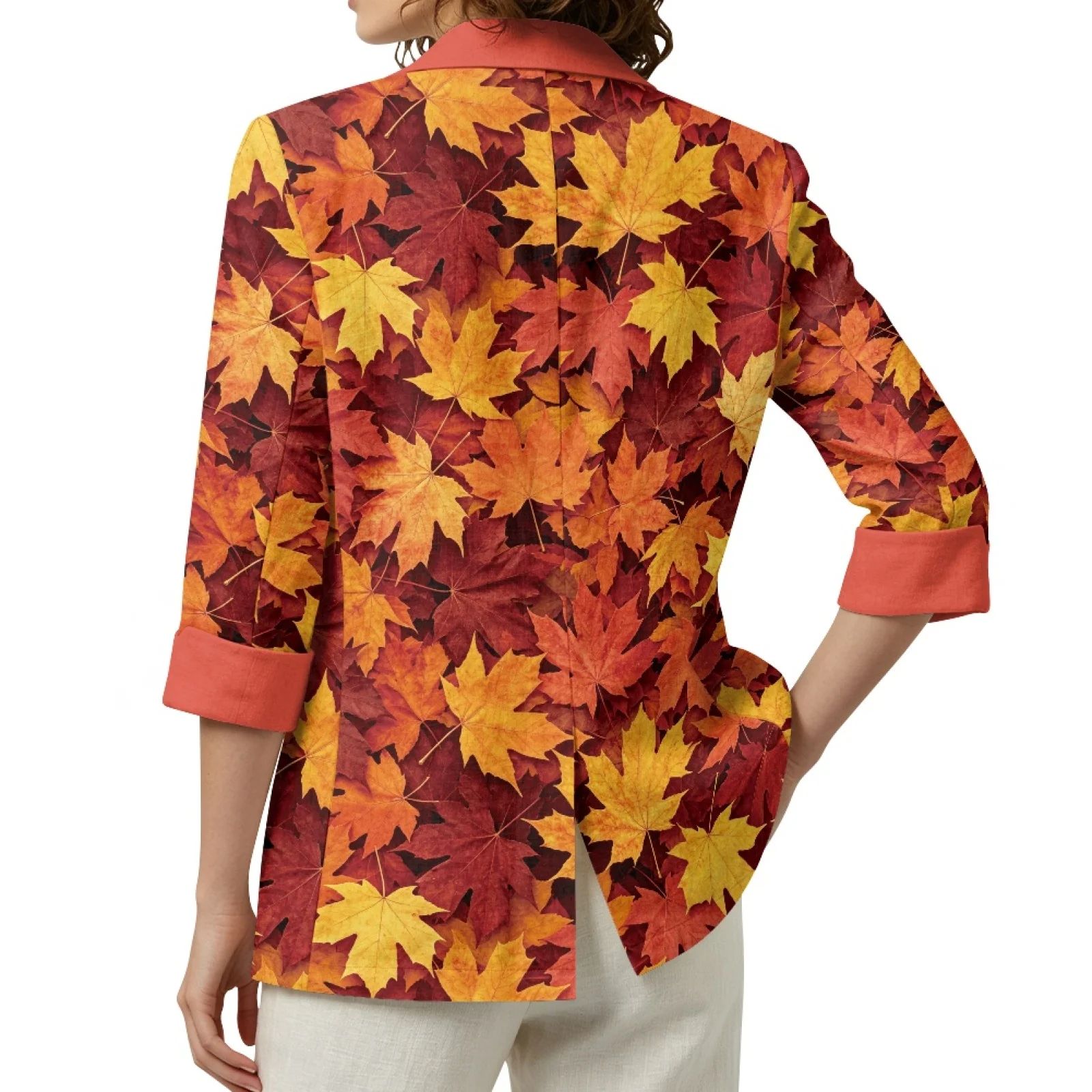 PENSTROLL Maple Leaf Print Linen Style Open Front Cardigan Open Front Jacket for Women Casual Outerwear