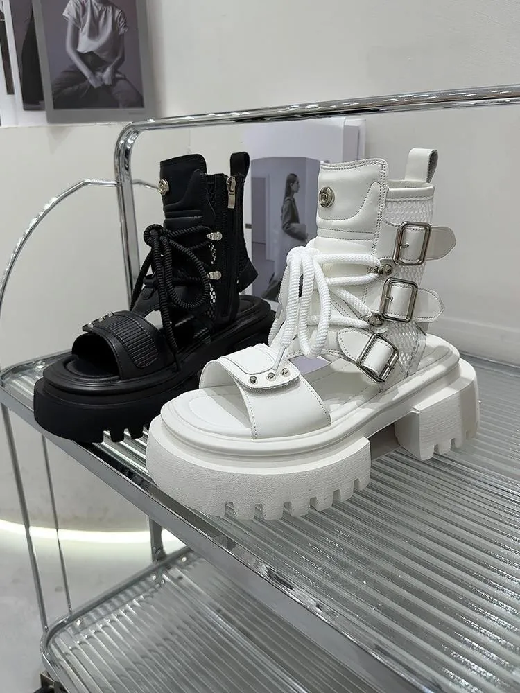 Fashion Ladies Solid Color Split Leather Lace-Up Zipper Platform Sandals Open Toe Hollow Out Buckle Strap High Heel Gladiator - view 6