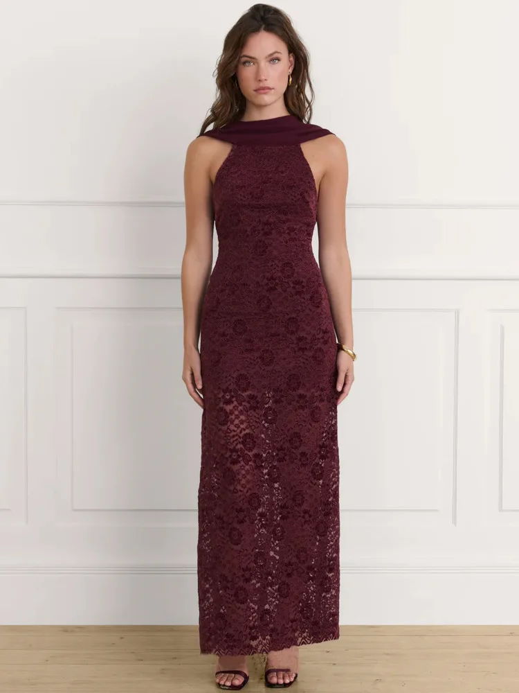 Arctic Cat Mouwloos Kant Chiffon Patchwork Bodycon Party Club Avondjurk Vrouwen Sexy Backless Slanke Maxi Jurken Herfst Nieuwe 2025