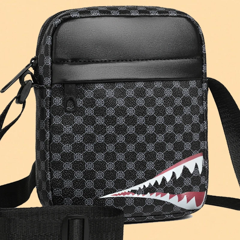 Men's single-shoulder crossbody bag, adjustable shoulder strap, checkered print, daily use messenger bag